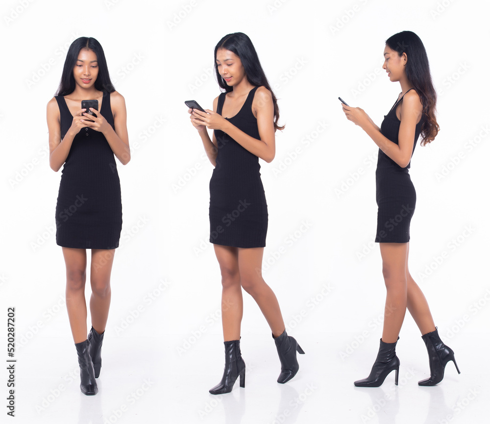 Fototapeta premium Full length 20s young Asian tanned skin Woman casual sexy, walking forward left right side