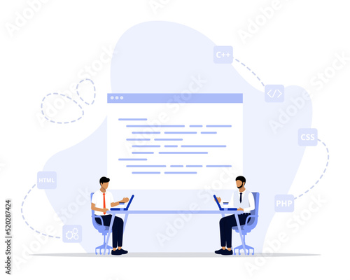 Pair programming concept illustration. Suitable for web landing page, ui, mobile app, editorial design, flyer, banner, and other related occasion.