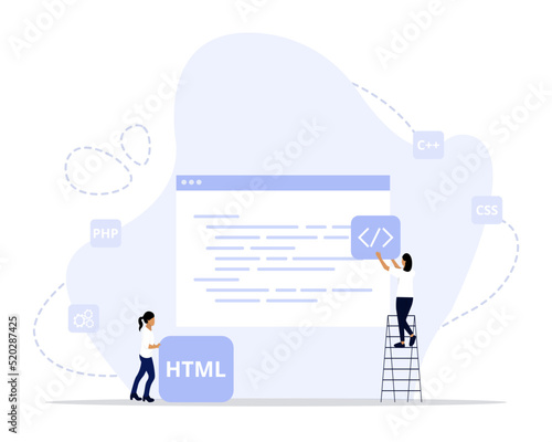 Pair programming concept illustration. Suitable for web landing page, ui, mobile app, editorial design, flyer, banner, and other related occasion.