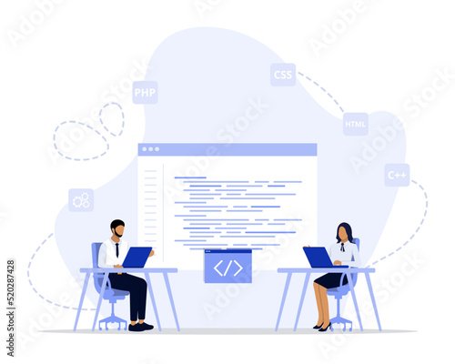 Pair programming concept illustration. Suitable for web landing page, ui, mobile app, editorial design, flyer, banner, and other related occasion.