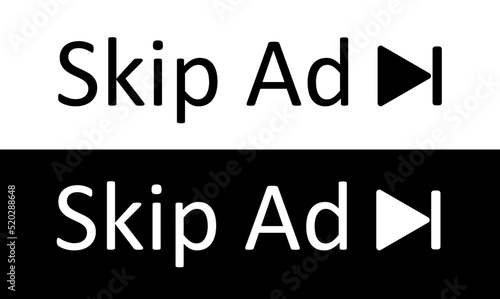 Skip Ad, No Ads, Skip Advertisement in white and black isolated icon symbol vector
