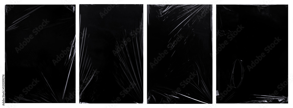 collection of plastic wrap texture for background and photo overlay effect.  set of wrinkled plastic poster in stretched style. transparent plastic wrap on black for mockups template. - obrazy, fototapety, plakaty 