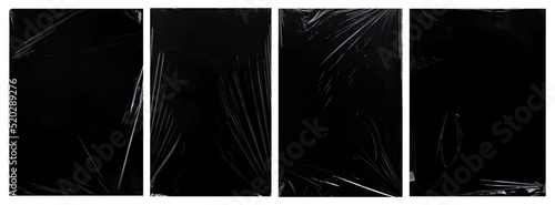 collection of plastic wrap texture for background and photo overlay effect.  set of wrinkled plastic poster in stretched style. transparent plastic wrap on black for mockups template.