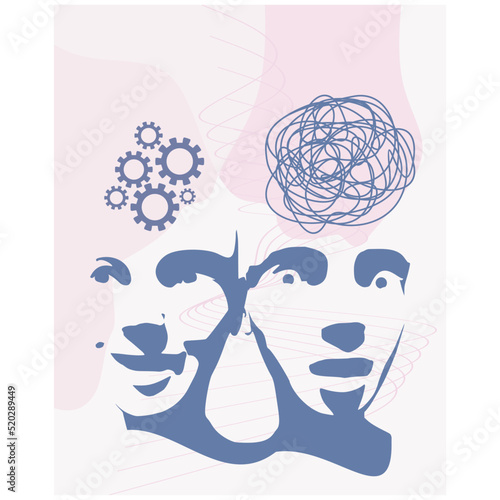 Metaphor bipolar disorder mind mental. Split personality. Concept mood disorder. Two head silhouette. Psychology and mental health. Dual personality concept. Tangle and untangle