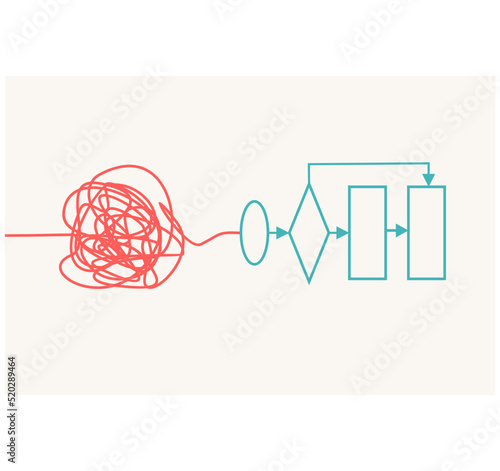 Personal growth and development. Coaching, training, brainstorm illustration. Unraveling tangled tangle. Psychotherapy concept. Metaphor of problem solving, chaos and mess, difficult situation.