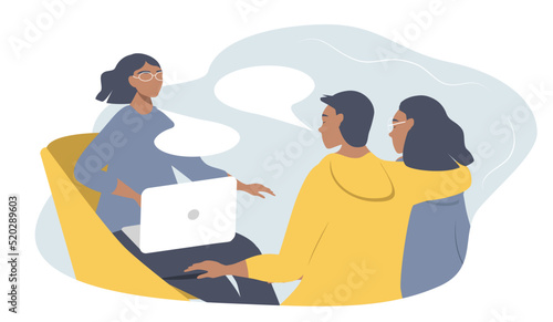 vector illustration in a flat style on the theme of family psychotherapy. family couple talking to psychologist