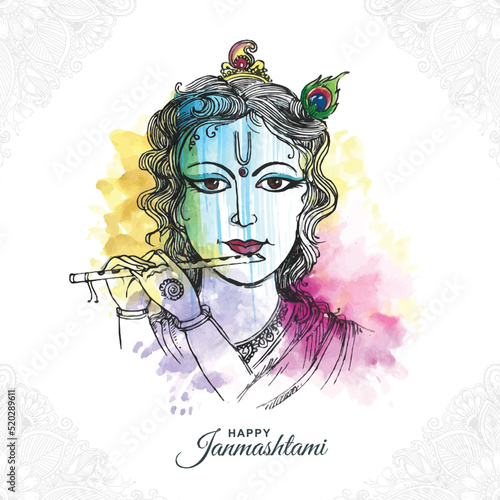 Lord Krishna playing bansuri happy janmashtami holiday artistic background