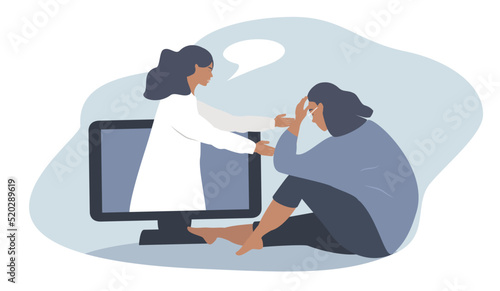vector illustration in a flat style on the topic of online psychological help. the girl is crying in front of the computer. a psychologist reaches out to her from the screen