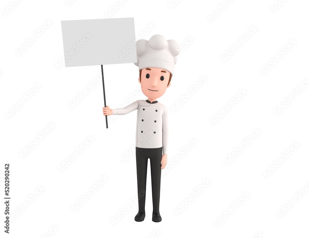 Chef character holding blank banner in 3d rendering. Chef character holding blank banner in 3d rendering.