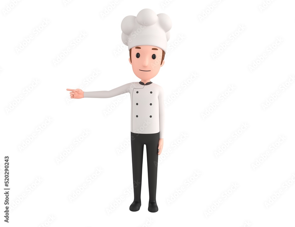 Chef character pointing his finger to the left in 3d rendering. Chef character pointing his finger to the left in 3d rendering.