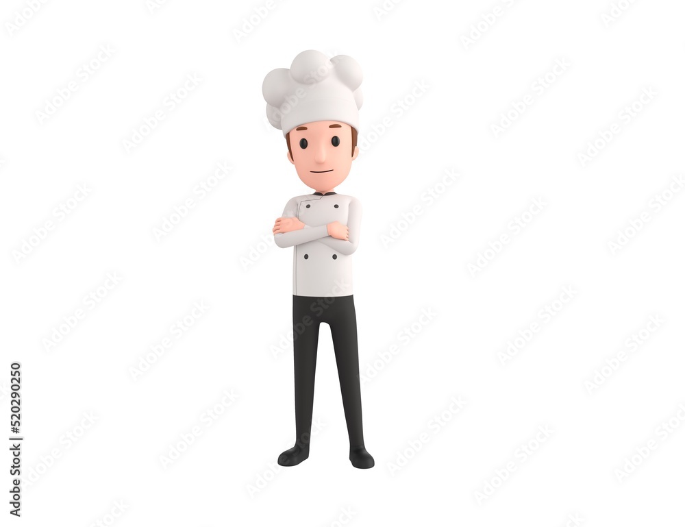 Chef character smiling with arms crossed in 3d rendering. Chef character smiling with arms crossed in 3d rendering.