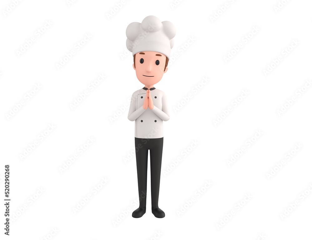 Chef character praying with hands held together in 3d rendering. Chef character praying with hands held together in 3d rendering.