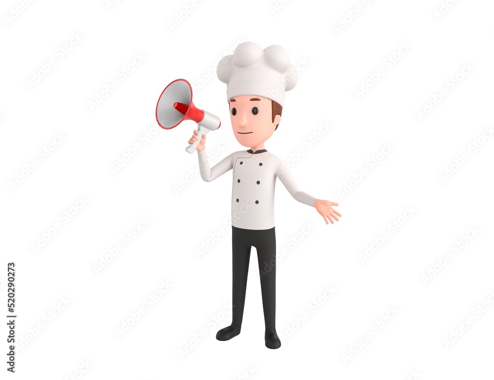 Chef character talking in megaphone in 3d rendering. Chef character talking in megaphone in 3d rendering.
