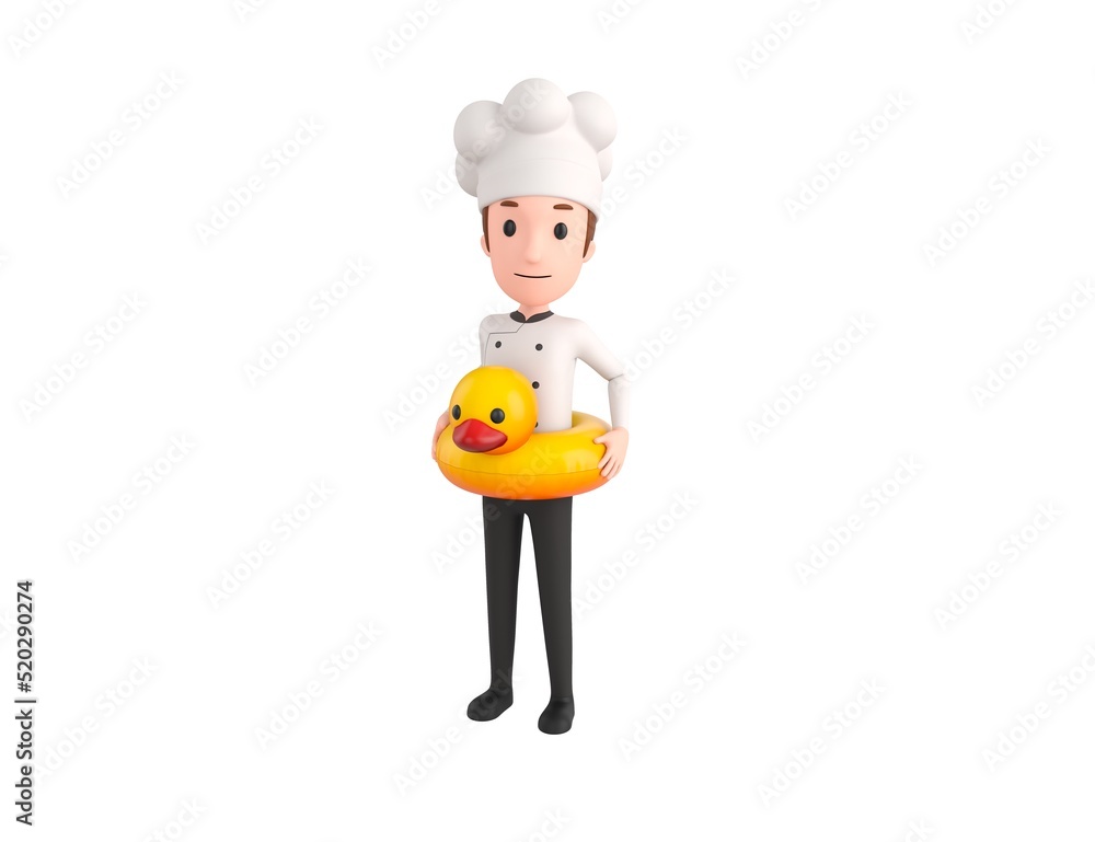 Chef character with inflatable duck ring in 3d rendering. Chef character with inflatable duck ring in 3d rendering.