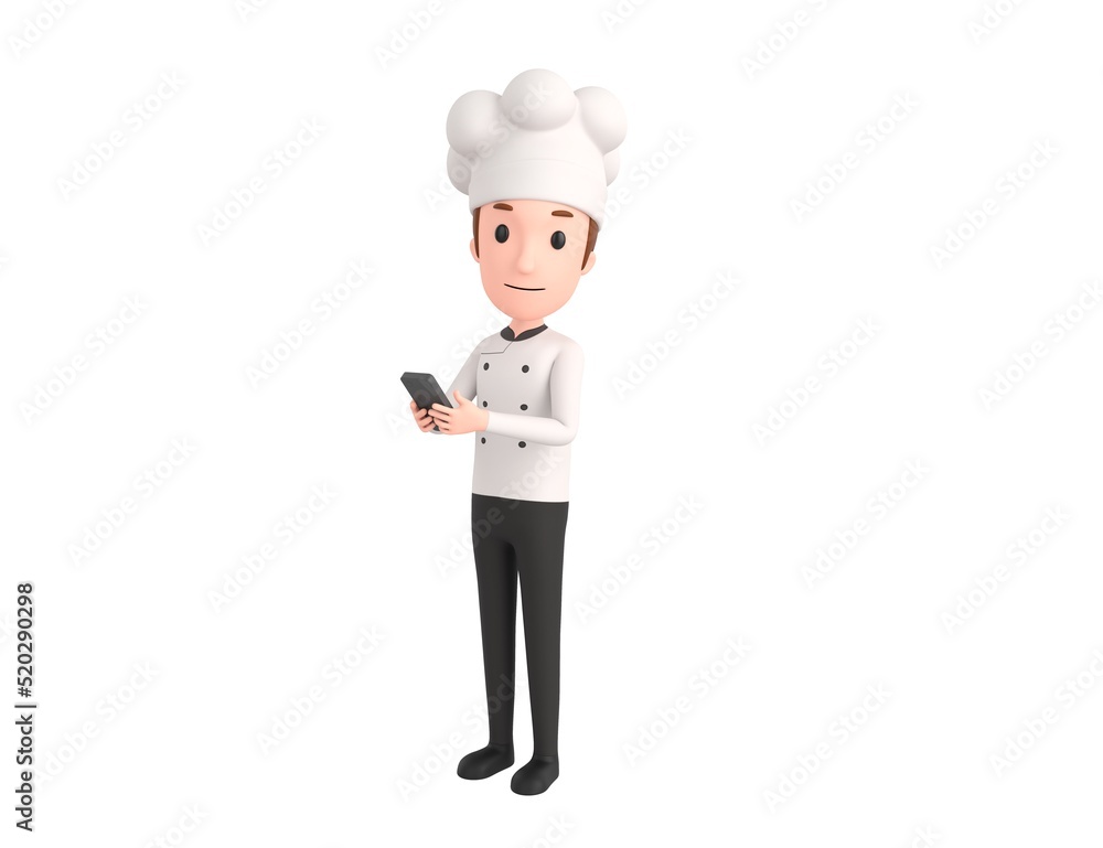 Chef character using smartphone and looking to camera in 3d rendering.