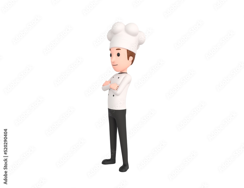 Chef character smiling with arms crossed look to the side in 3d rendering. Chef character smiling with arms crossed look to the side in 3d rendering.