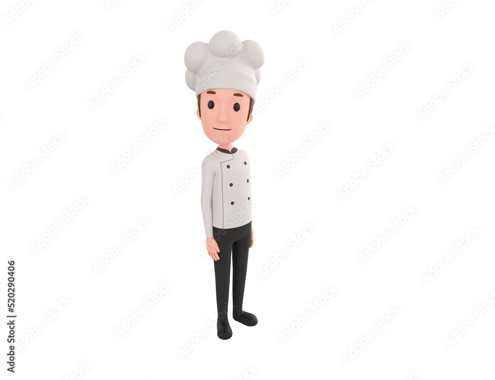 Chef character standing and look up to camera in 3d rendering.