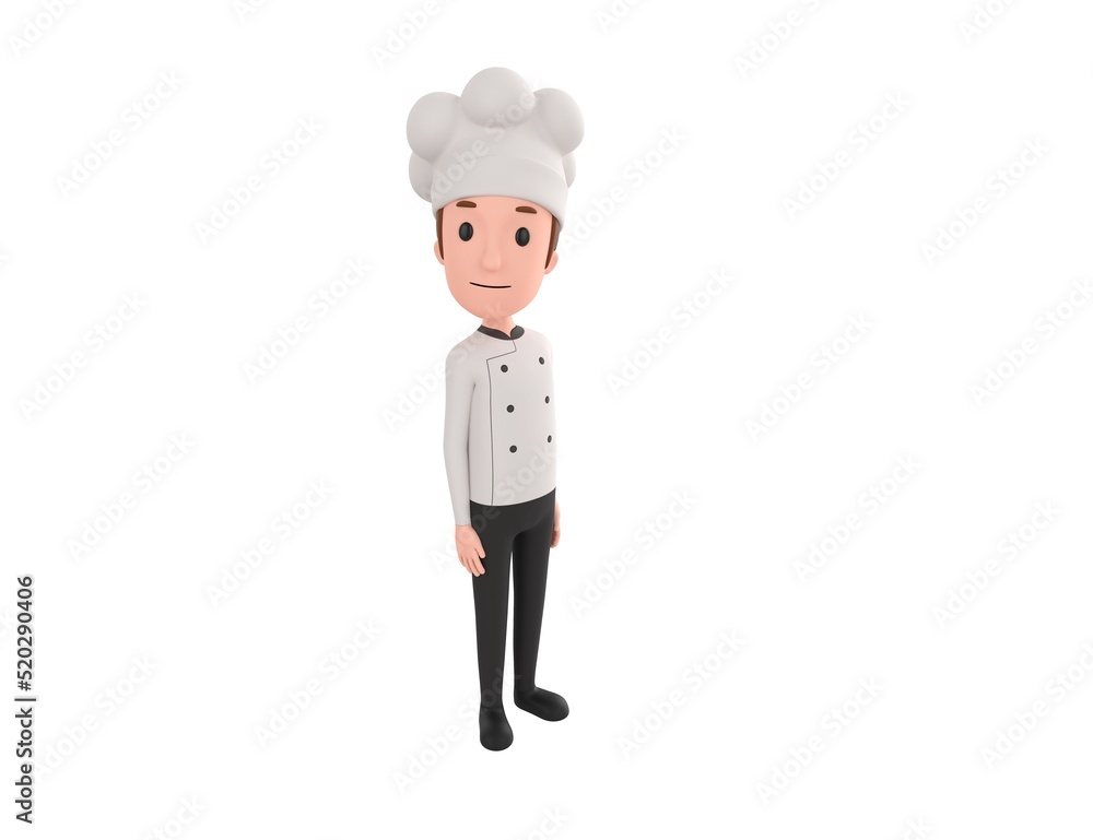 Chef character standing and look up to camera in 3d rendering. Chef character standing and look up to camera in 3d rendering.