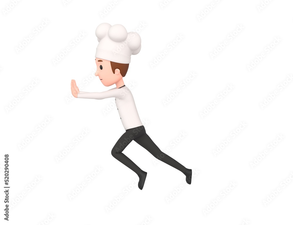 Chef character pushing wall in 3d rendering.