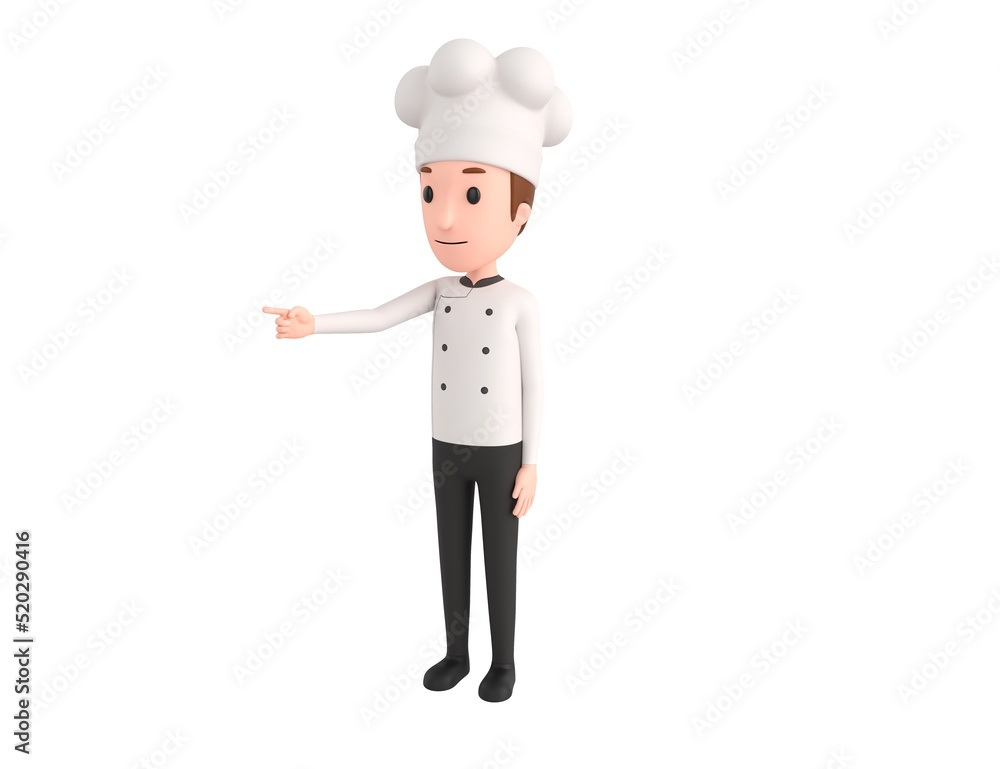 Chef character pointing finger to the left in 3d rendering. Chef character pointing finger to the left in 3d rendering.
