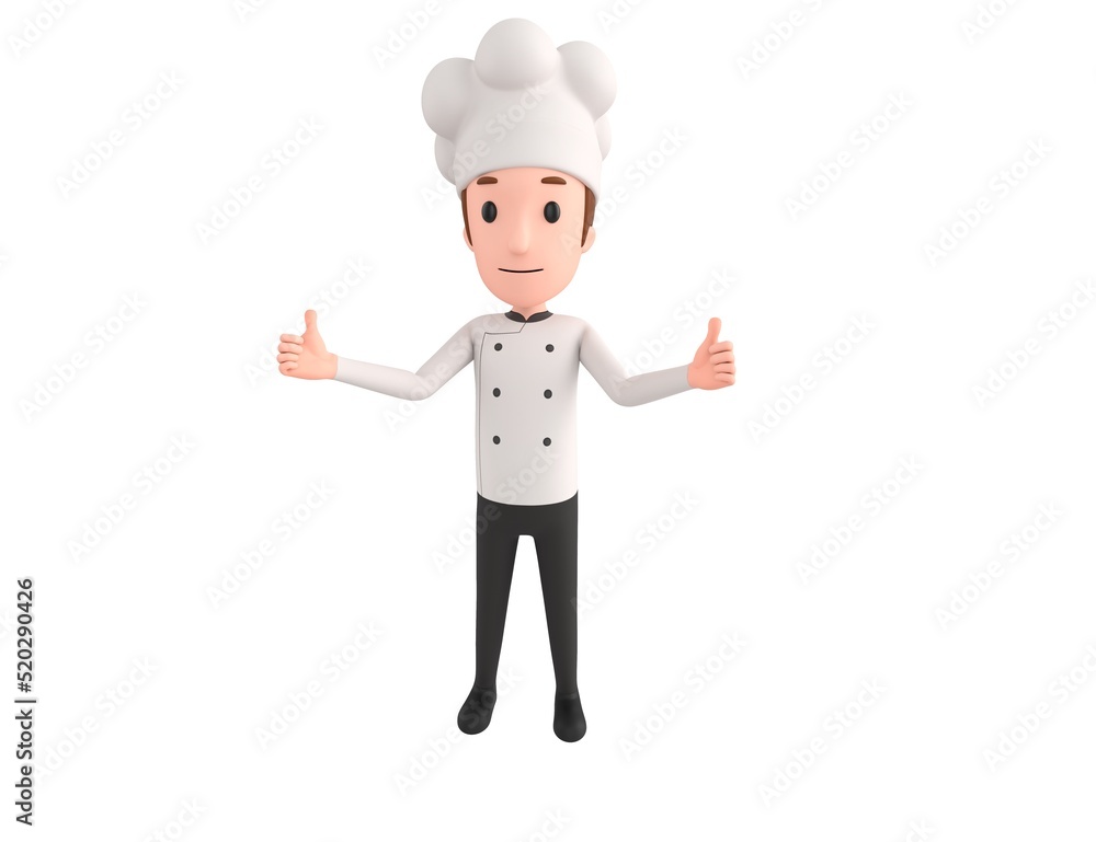 Chef character showing thumb up with two hands in 3d rendering. Chef character showing thumb up with two hands in 3d rendering.