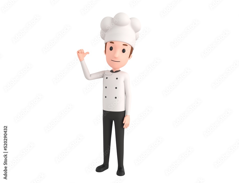 Chef character pointing back thumb up empty space in 3d rendering.