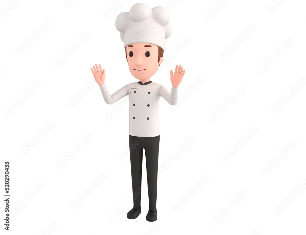 Chef character raising hands and showing palms in surrender gesture in 3d rendering. Chef character raising hands and showing palms in surrender gesture in 3d rendering.