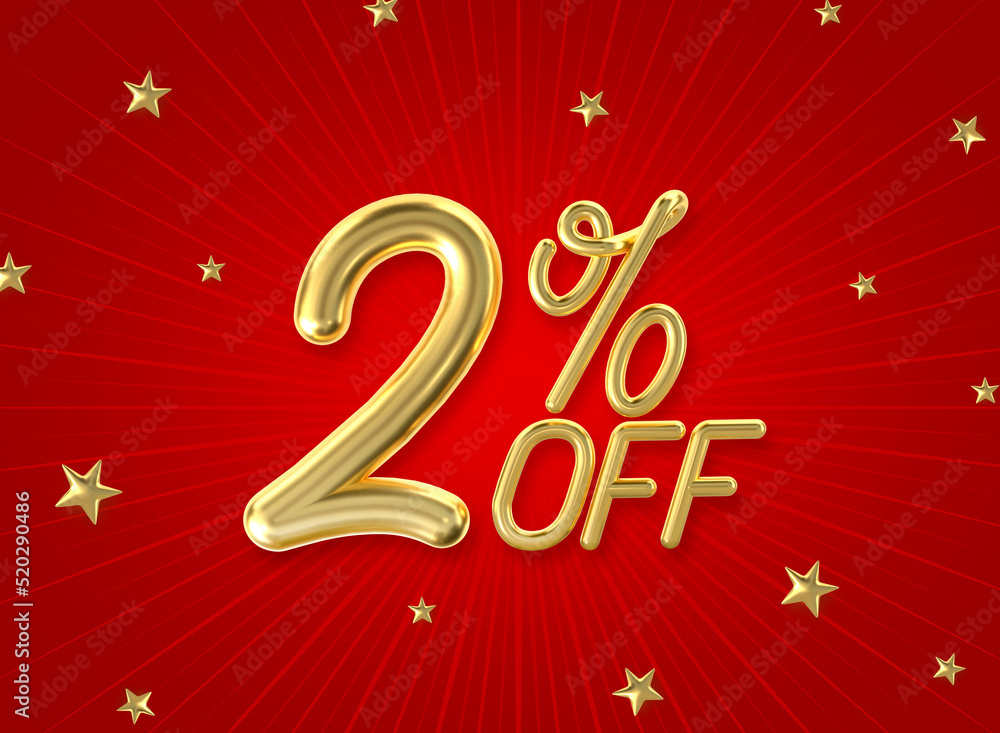 2% off golden number on the red background. Sales concept. 3d illustration. 2% off golden number on the red background. Sales concept. 3d illustration.