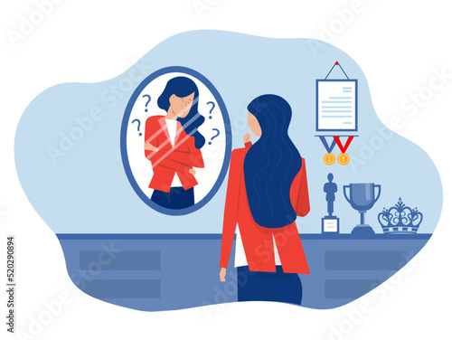 imposter syndrome, businesswoman looking shadow himself through mirror for Anxiety and lack of self confidence at work vector photo