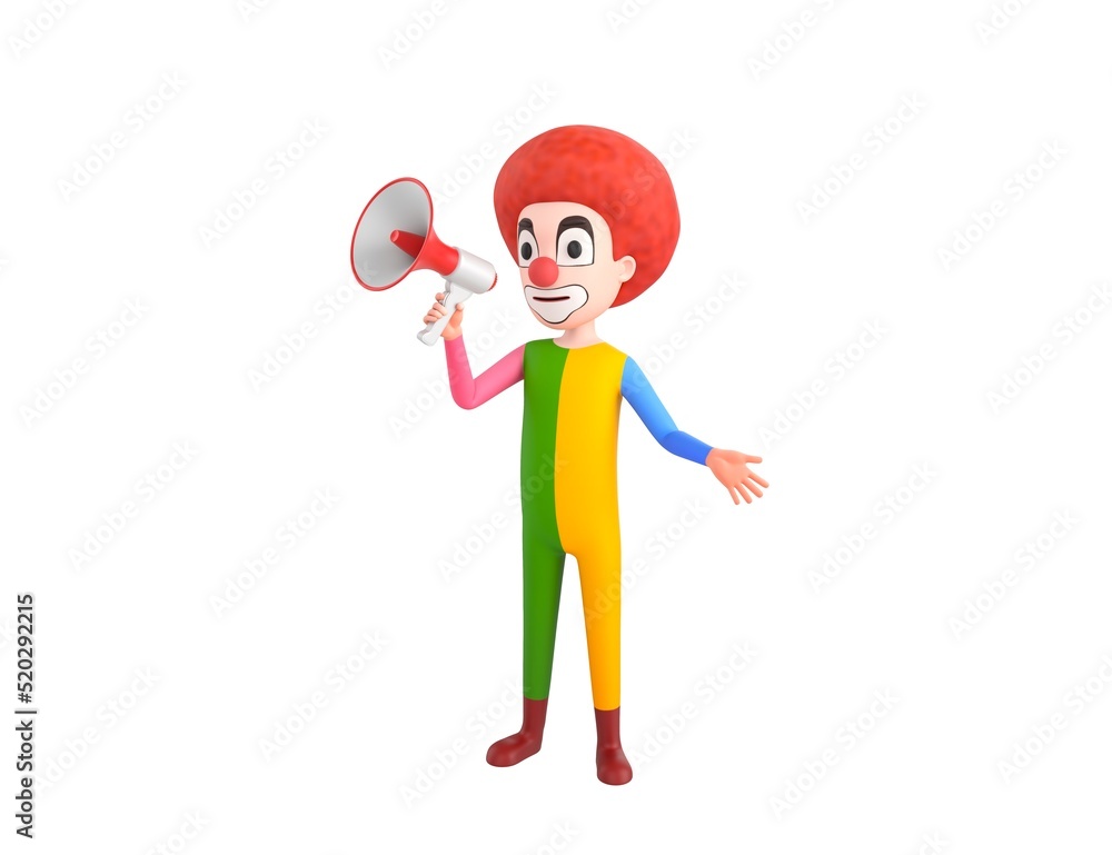 Clown character talking in megaphone in 3d rendering. Clown character talking in megaphone in 3d rendering.