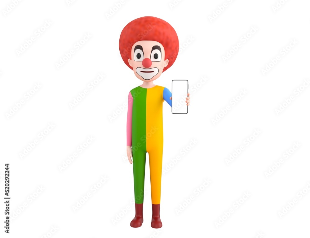 Clown character showing his phone in 3d rendering. Clown character showing his phone in 3d rendering.