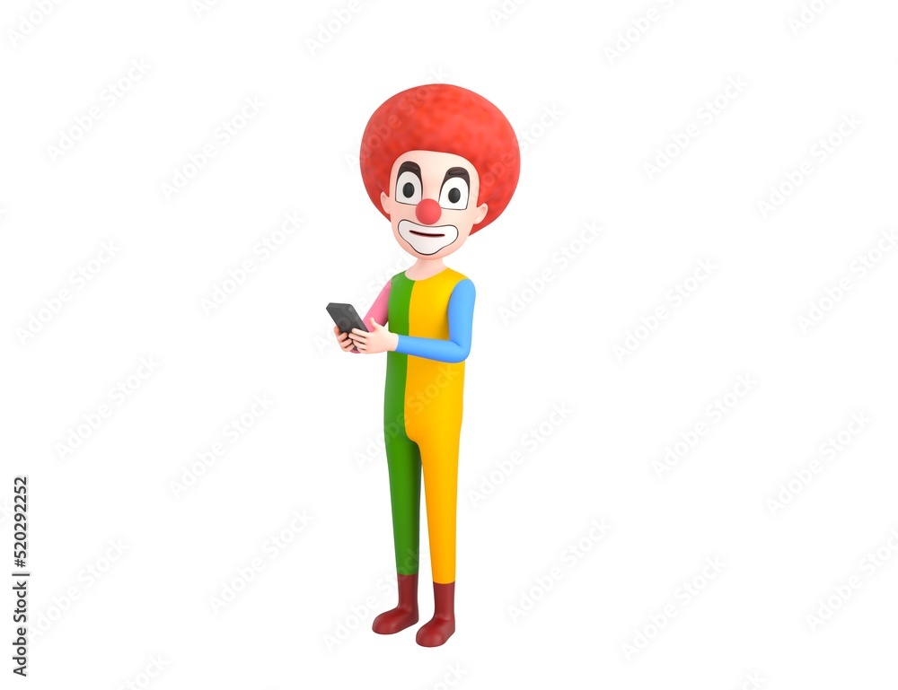 Clown character using smartphone and looking to camera in 3d rendering. Clown character using smartphone and looking to camera in 3d rendering.