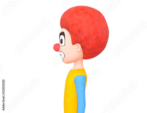 Clown character looking to side in 3d rendering.