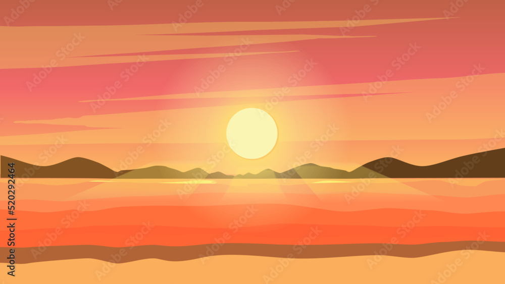 landscape sunset seashore over mountain. Vector illustration