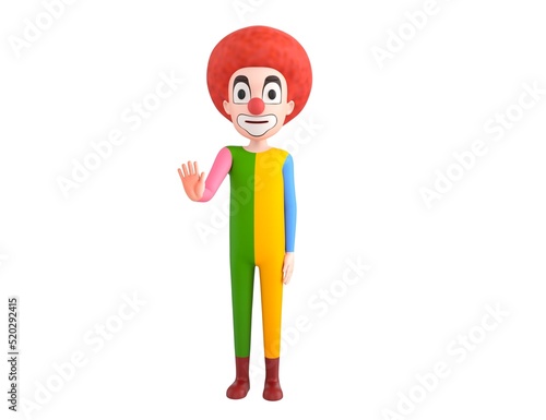Clown character puts out his hand and orders to stop in 3d rendering.