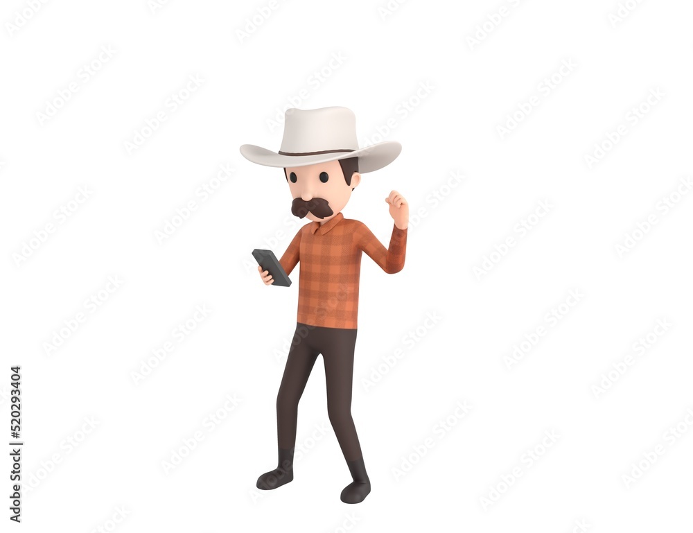 Cow Boy character looking his phone and doing winner gesture with fists up in 3d rendering.
