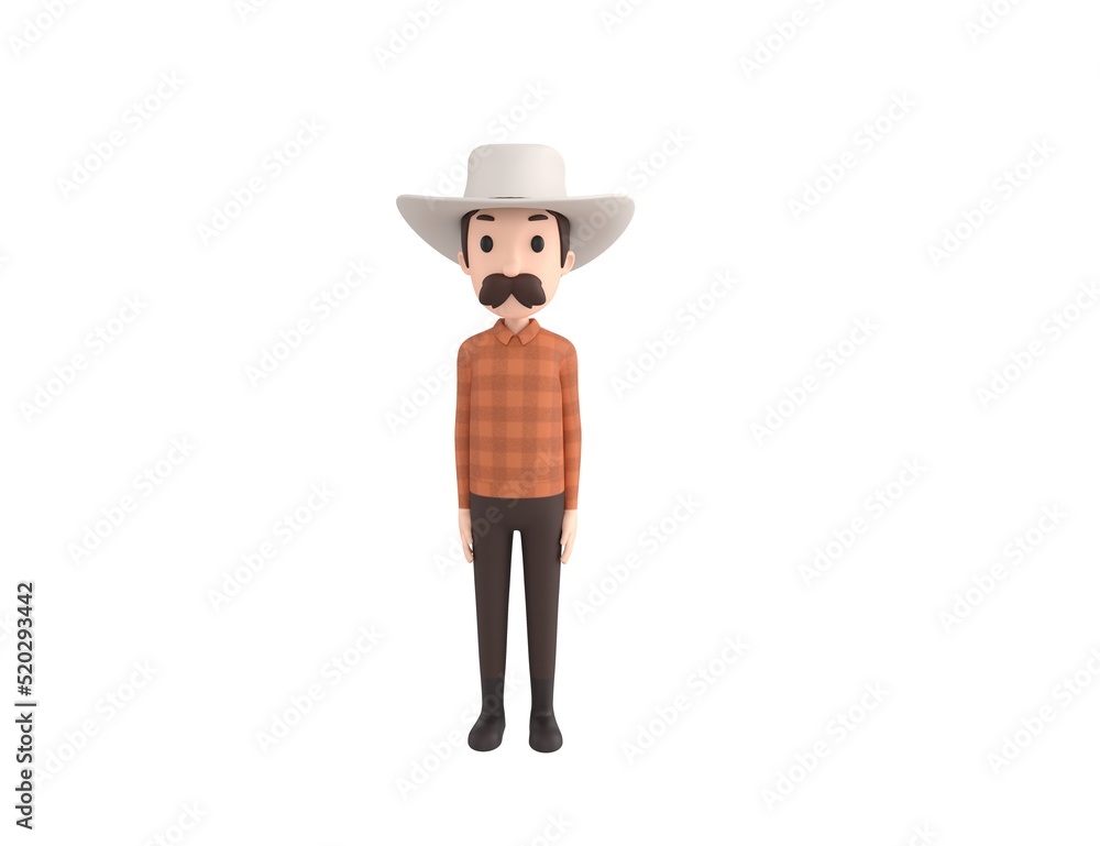 Cow Boy character standing and looking to the front in 3d rendering.