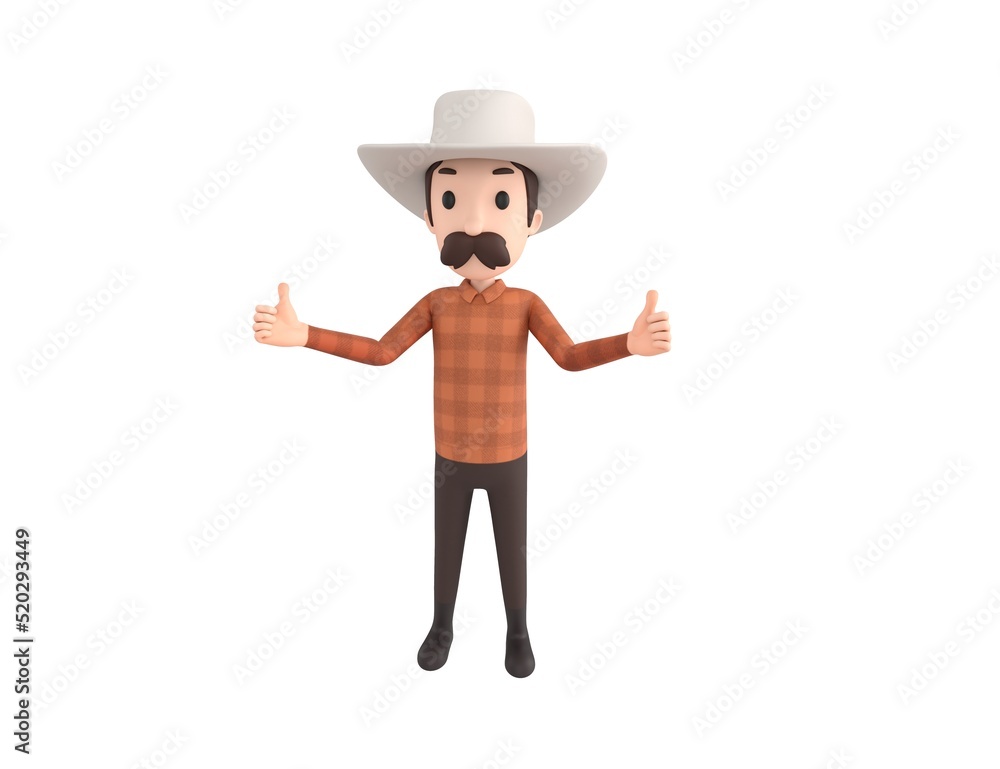 Cow Boy character showing thumb up with two hands in 3d rendering.