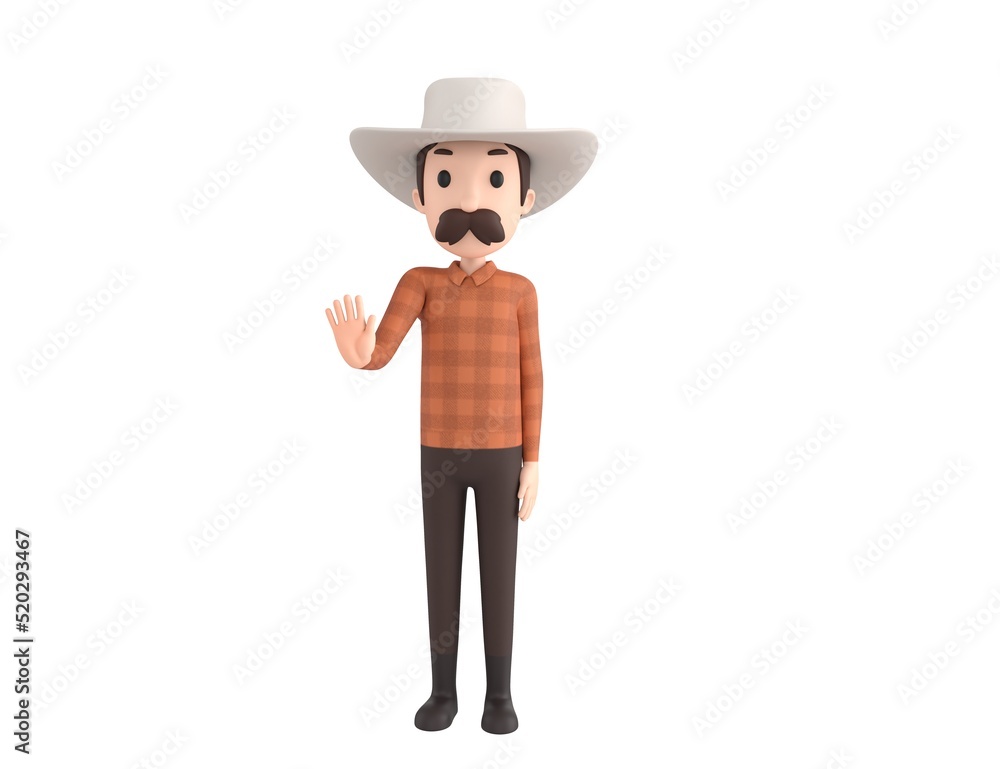 Cow Boy character puts out his hand and orders to stop in 3d rendering.