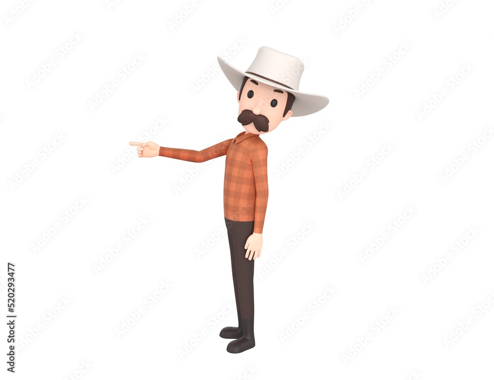 Cow Boy character pointing index finger to the left in 3d rendering.