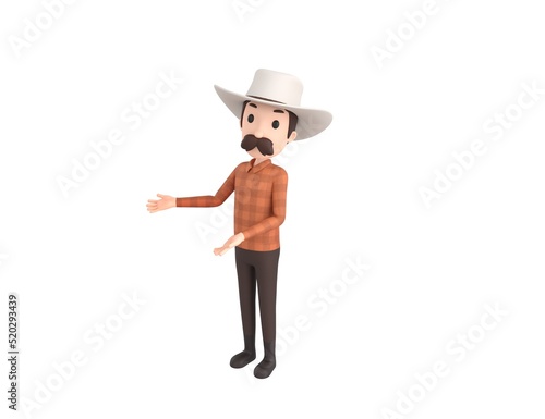 Cow Boy character doing welcome gesture in 3d rendering.