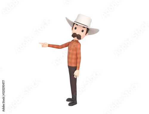 Cow Boy character pointing index finger to the left in 3d rendering.