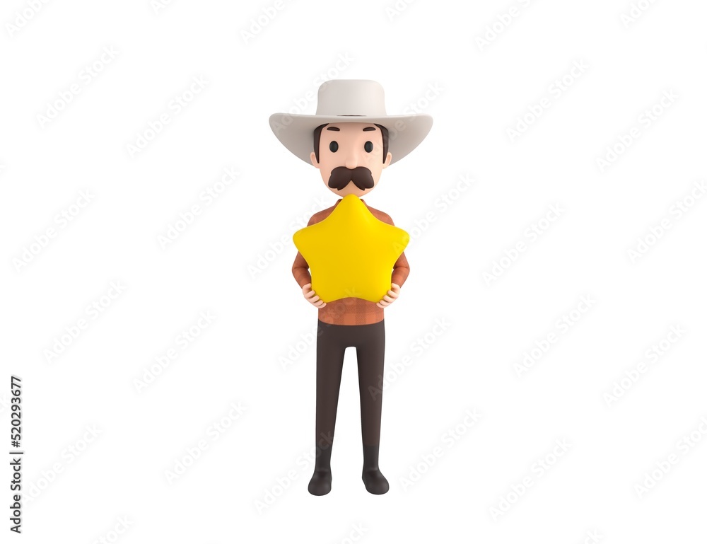 Cow Boy character holding star in 3d rendering.