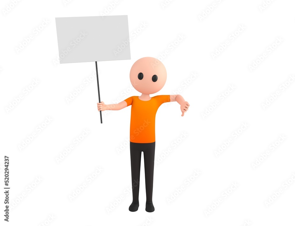 Simple Male character holding a blank billboard and give thumb down in 3d rendering. Simple Male character holding a blank billboard and give thumb down in 3d rendering.