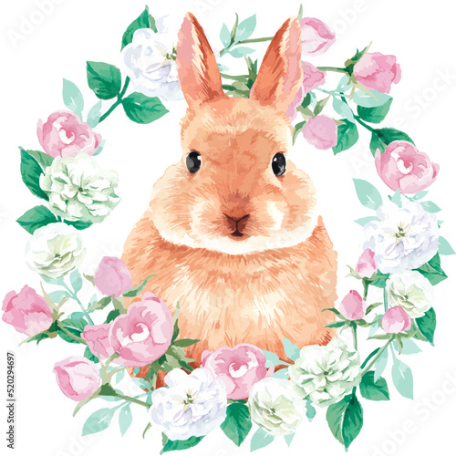 ウサギとミニバラのリースの水彩画