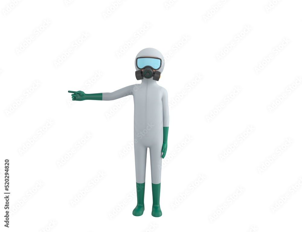 Man in White Hazmat Suit character pointing his finger to the left in 3d rendering. Man in White Hazmat Suit character pointing his finger to the left in 3d rendering.