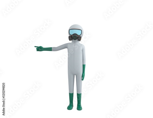 Man in White Hazmat Suit character pointing his finger to the left in 3d rendering.