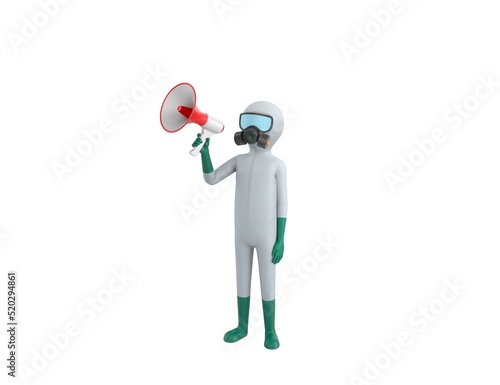 Slika na platnu Man in White Hazmat Suit character speaking in megaphone in 3d rendering