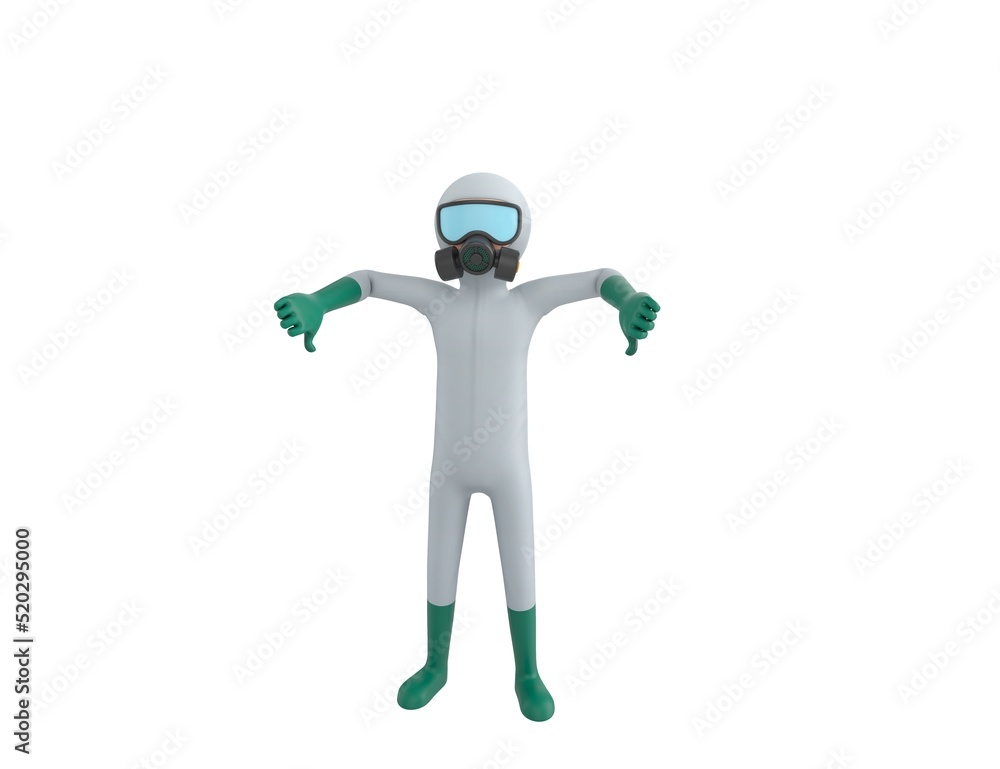 Man in White Hazmat Suit character showing thumb down with two hands in 3d rendering. Man in White Hazmat Suit character showing thumb down with two hands in 3d rendering.