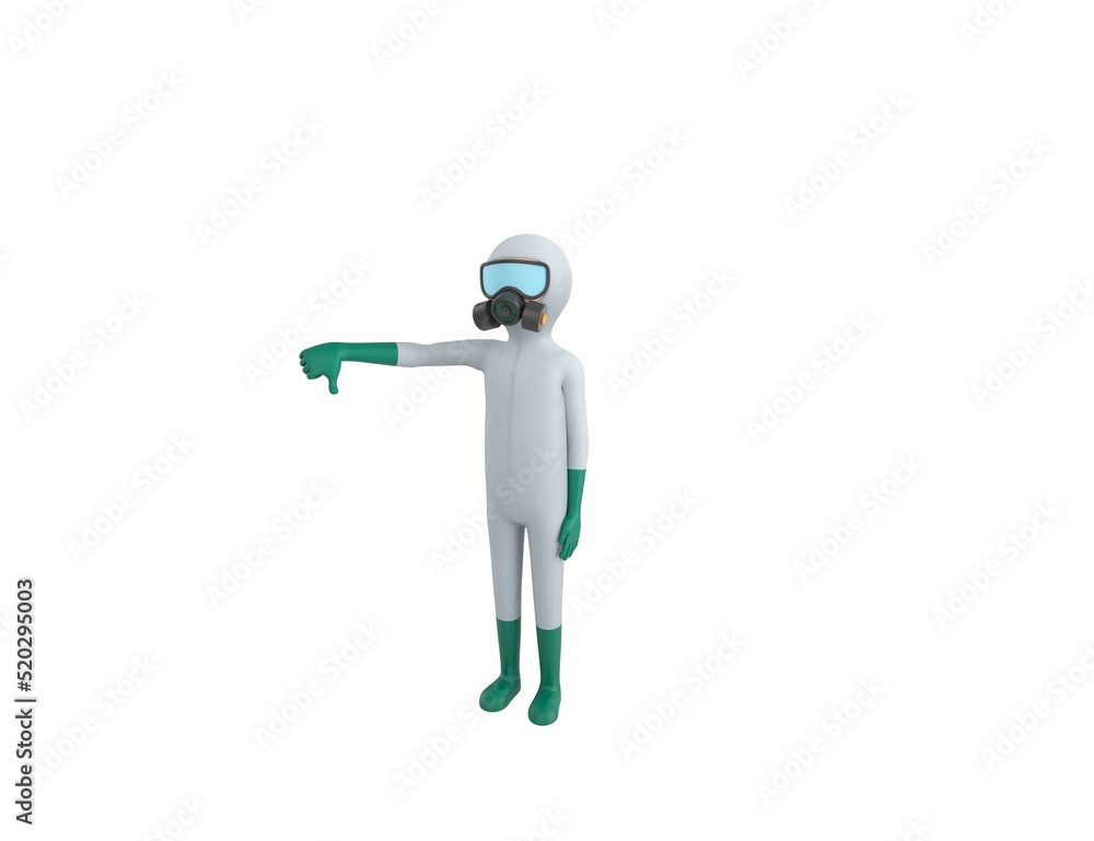 Man in White Hazmat Suit character showing thumb down in 3d rendering. Man in White Hazmat Suit character showing thumb down in 3d rendering.